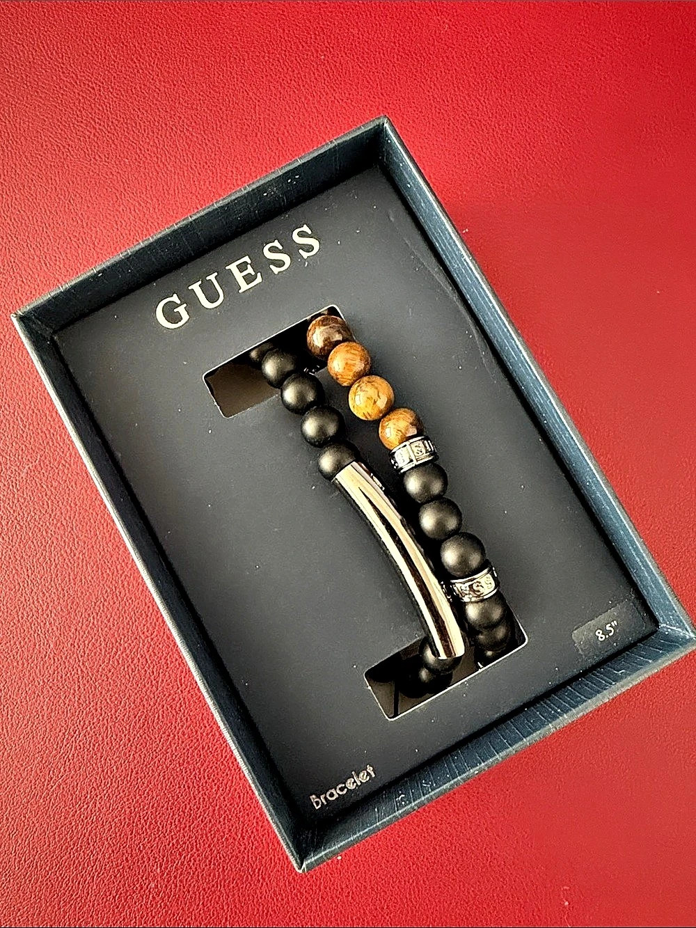 Guess Men's Tiger's Eye and Black Bead Bracelet Set Black & Gold